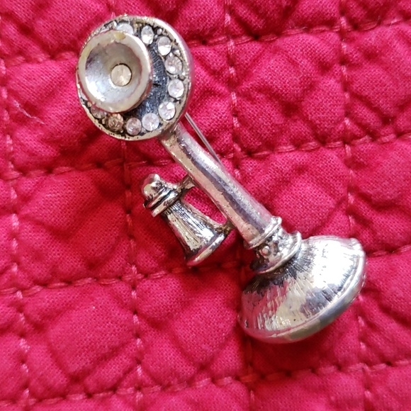 VINTAGE CANDLESTICK TELEPHONE SCATTER BROOCH w/ Diamante Rhinestones EUC - Picture 4 of 11